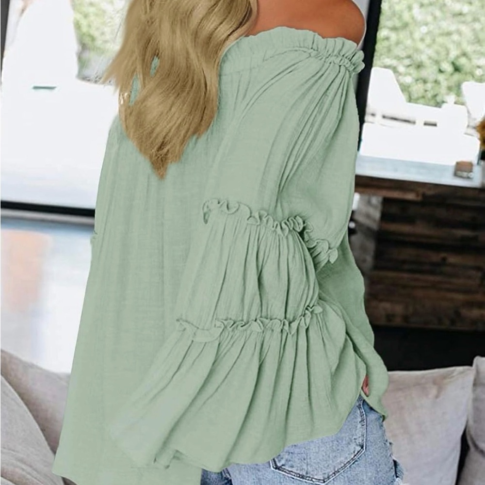Off-Shoulder Ruffle Sleeve Top - Green - Picture 5 of 8